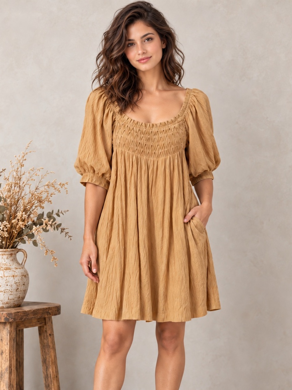 Boho Prairie Smocked Puff Sleeve Mini Dress Mustard Ochre Cottagecore M